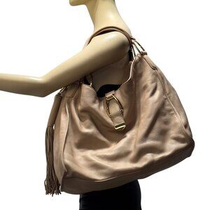 G.I.L.I. Large Beige Leather Tote Bag With Gold Hardware & Fringe Tassel Accent